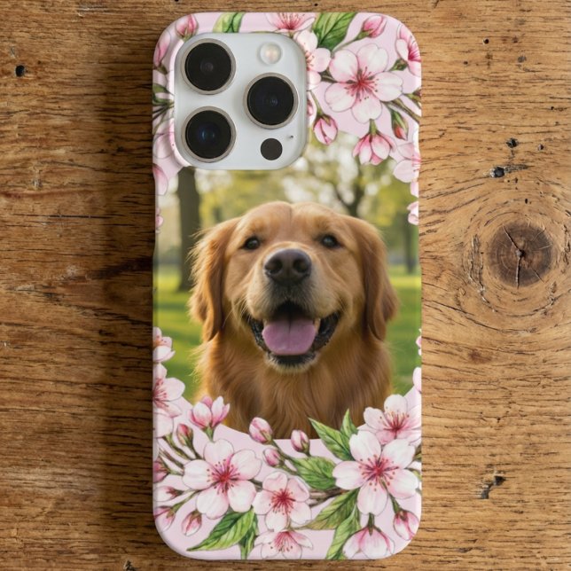 Golden retriever custom photo with cherry blossom iPhone case (Creator Uploaded)