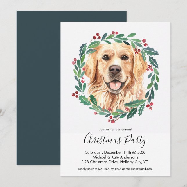 Golden Retriever Cute Dog Elegant Christmas Party Invitation (Front/Back)