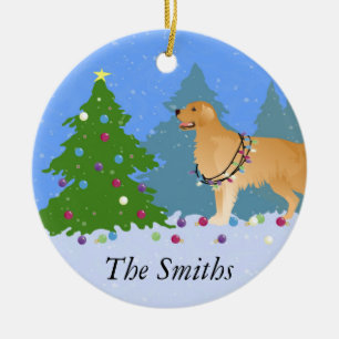 Golden Retriever Decorating Christmas Tree Ceramic Tree Decoration