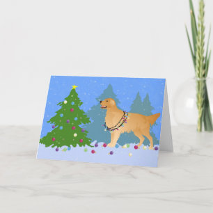 Golden Retriever Decorating Christmas Tree Holiday Card