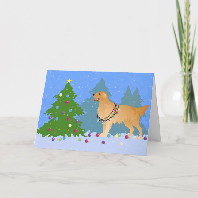 Golden Retriever Decorating Christmas Tree Holiday Card (Front)