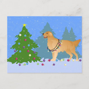 Golden Retriever Decorating Christmas Tree Holiday Postcard
