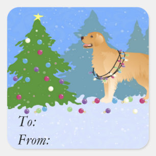 Golden Retriever Decorating Christmas Tree Square Sticker