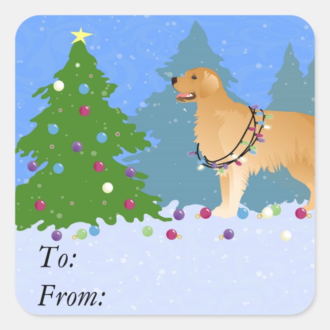Golden Retriever Decorating Christmas Tree Square Sticker (Front)