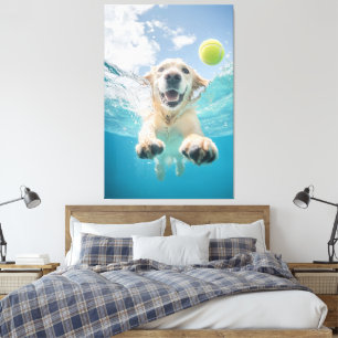 Golden Retriever Diving Tennis Ball Underwater Canvas Print