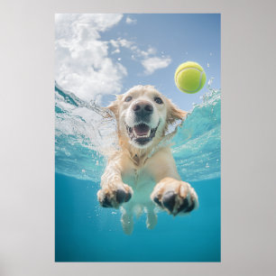 Golden Retriever Diving Tennis Ball Underwater Poster