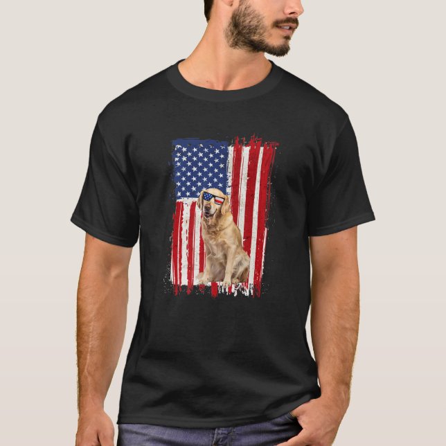 Golden Retriever Dog American Flag Patriotic Funny T-Shirt (Front)