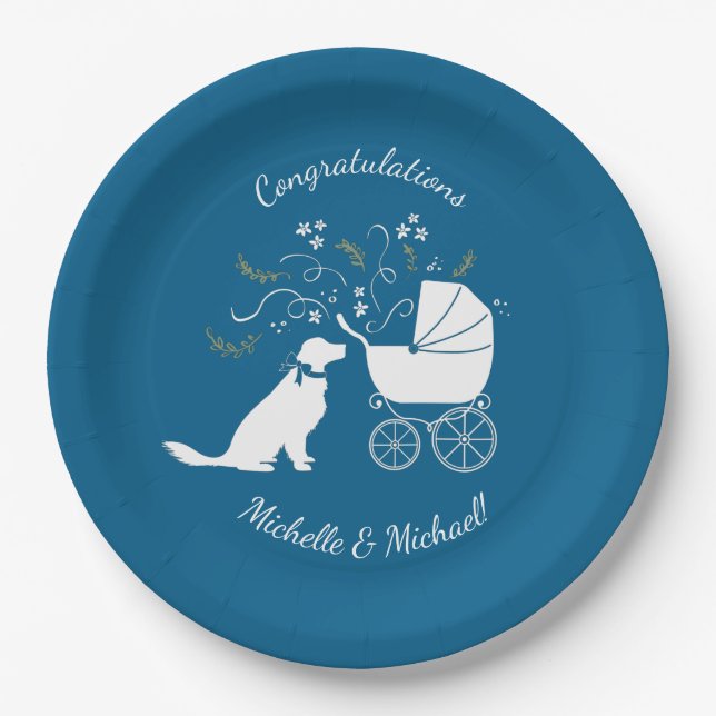 Golden Retriever Dog Baby Shower Blue Boy Paper Plate (Front)
