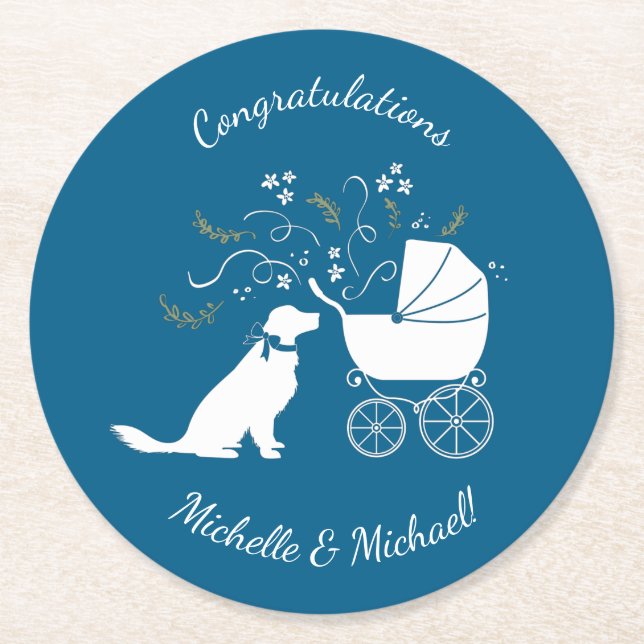 Golden Retriever Dog Baby Shower Blue Boy Round Paper Coaster (Front)
