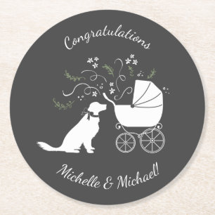 Golden Retriever Dog Baby Shower Gender Neutral Round Paper Coaster