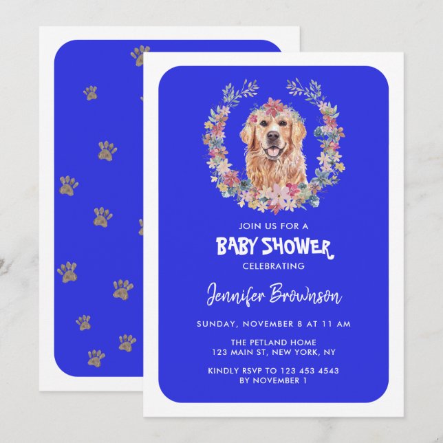 Golden Retriever Dog Baby Shower navy Invitation (Front/Back)