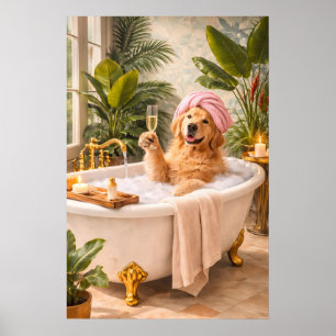 Golden Retriever Dog Bath Poster, Funny Animal Spa Poster