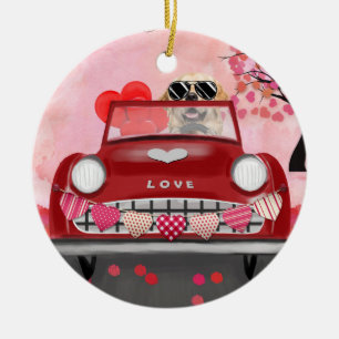 Golden Retriever Dog Car with Hearts Valentine's   Ceramic Tree Decoration