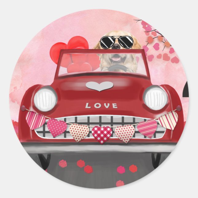 Golden Retriever Dog Car with Hearts Valentine's   Classic Round Sticker (Front)