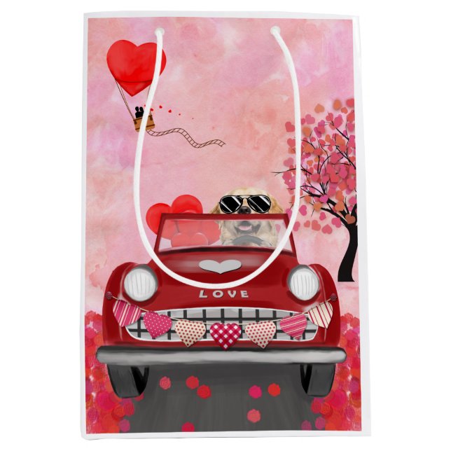 Golden Retriever Dog Car with Hearts Valentine's   Medium Gift Bag (Front)