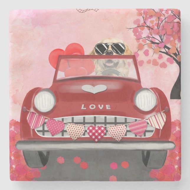 Golden Retriever Dog Car with Hearts Valentine's   Stone Coaster (Front)