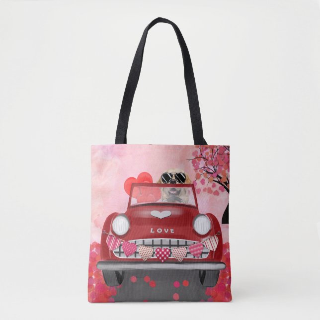 Golden Retriever Dog Car with Hearts Valentine's   Tote Bag (Front)