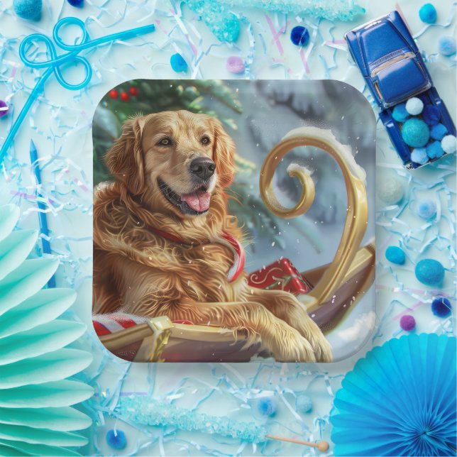 Golden Retriever Dog Christmas Festive  Paper Plate (Party)