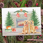 Golden Retriever Dog Christmas Fireplace Holiday Card<br><div class="desc">Send christmas greetings this holiday season with this golden retriever dogs in a watercolor design. This golden retriever holiday card features two labrador pups, a fireplace scene with holiday trees, stockings and presents. Personalise with family name. This golden retriever christmas card will be a favourite among golden retriever lovers, dog...</div>