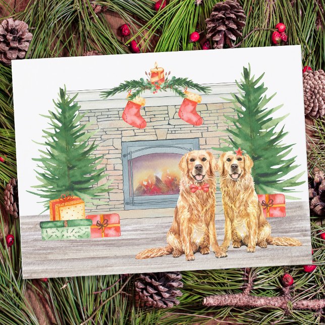 Golden Retriever Dog Christmas Fireplace Holiday Postcard (Creator Uploaded)