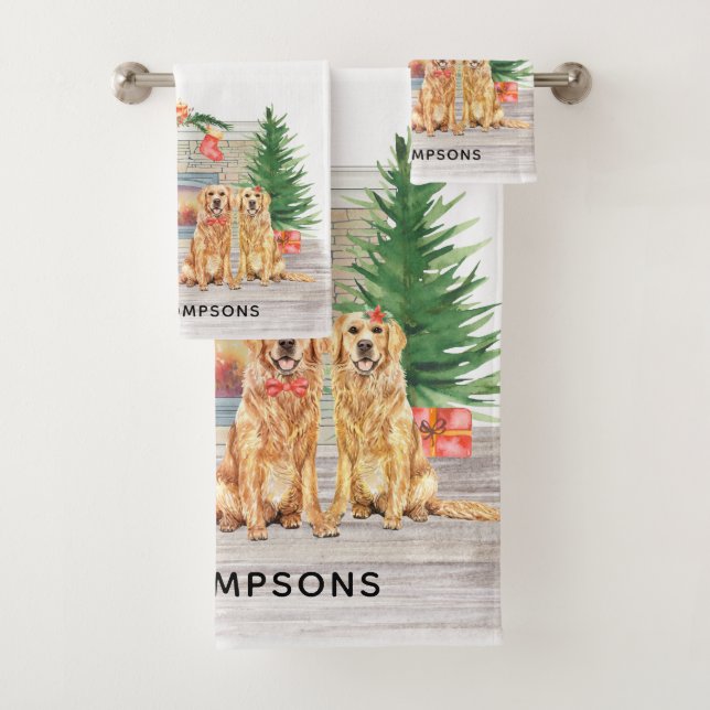 Golden Retriever Dog Christmas Fireplace Scene Bath Towel Set (Insitu)