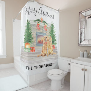 Golden Retriever Dog Christmas Fireplace Scene Shower Curtain
