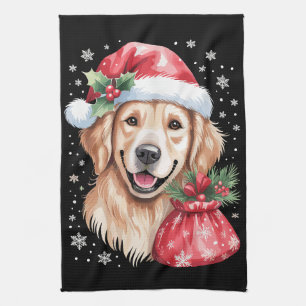 Golden Retriever Dog Christmas Light Holiday Party Tea Towel