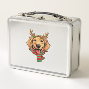 Golden Retriever Dog Christmas Reindeer Santa Hat Metal Lunch Box