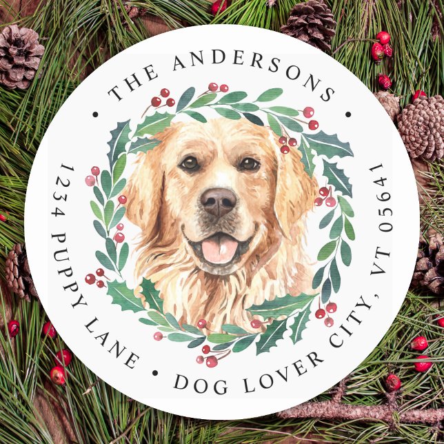 Golden Retriever Dog Christmas Return Address Classic Round Sticker (Creator Uploaded)