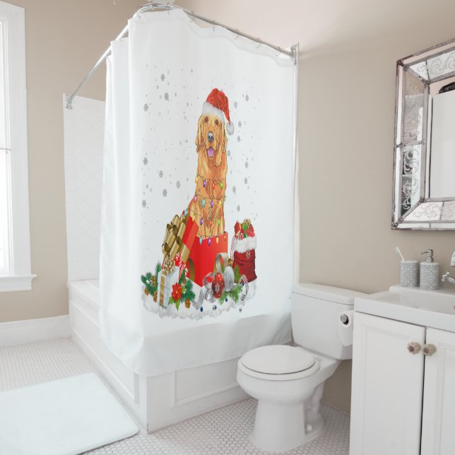 Golden Retriever Dog Christmas Santa Hat Tree Dog Shower Curtain (In Situ)