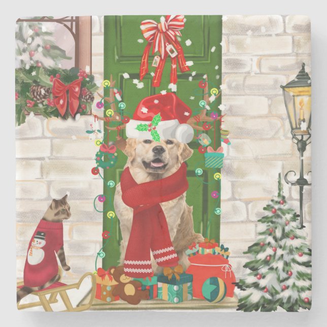 Golden Retriever Dog Christmas  Stone Coaster (Front)