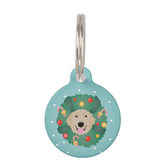 Golden Retriever Dog Christmas Wreath Pet Tag (Front)
