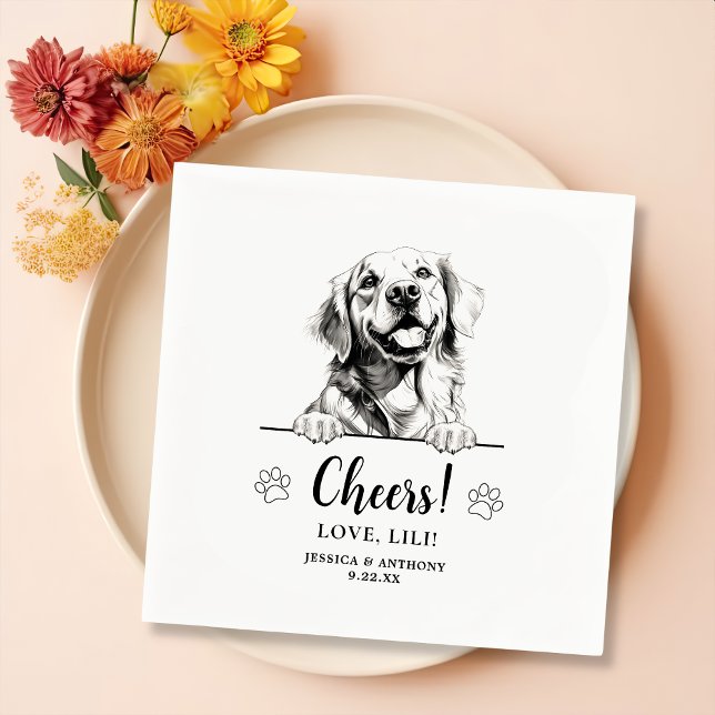 Golden Retriever Dog Drawing Personalised Cheers Napkin (Creator Uploaded)