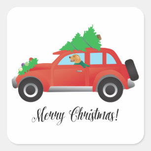 Golden Retriever Dog Driving a Car - Tree on Top Square Sticker