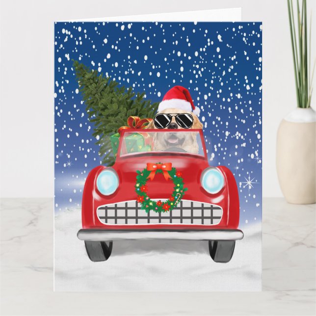 Golden Retriever Dog Driving Car In Snow Christmas Card (Front)