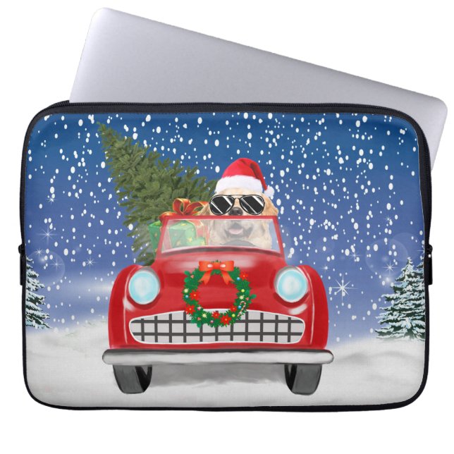 Golden Retriever Dog Driving Car In Snow Christmas Laptop Sleeve (Front)