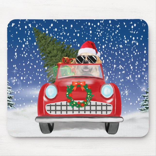 Golden Retriever Dog Driving Car In Snow Christmas Mouse Mat (Front)