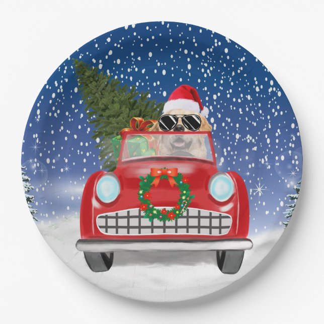 Golden Retriever Dog Driving Car In Snow Christmas Paper Plate (Front)