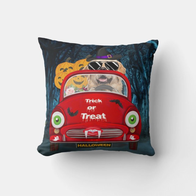 Golden Retriever Dog Driving Car Scary Halloween Cushion (Front)