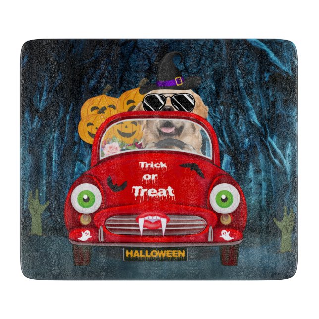 Golden Retriever Dog Driving Car Scary Halloween Cutting Board (Front)