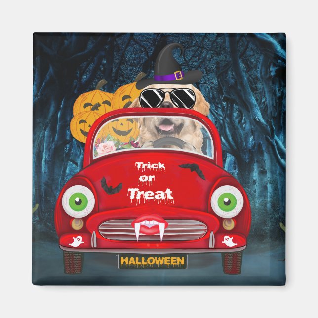 Golden Retriever Dog Driving Car Scary Halloween Magnet (Front)