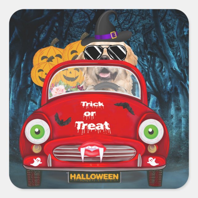 Golden Retriever Dog Driving Car Scary Halloween Square Sticker (Front)