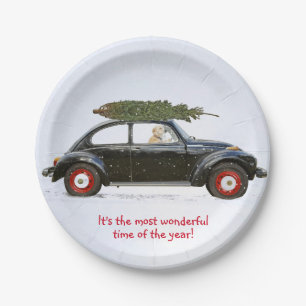 Golden retriever dog driving old car with tree paper plate