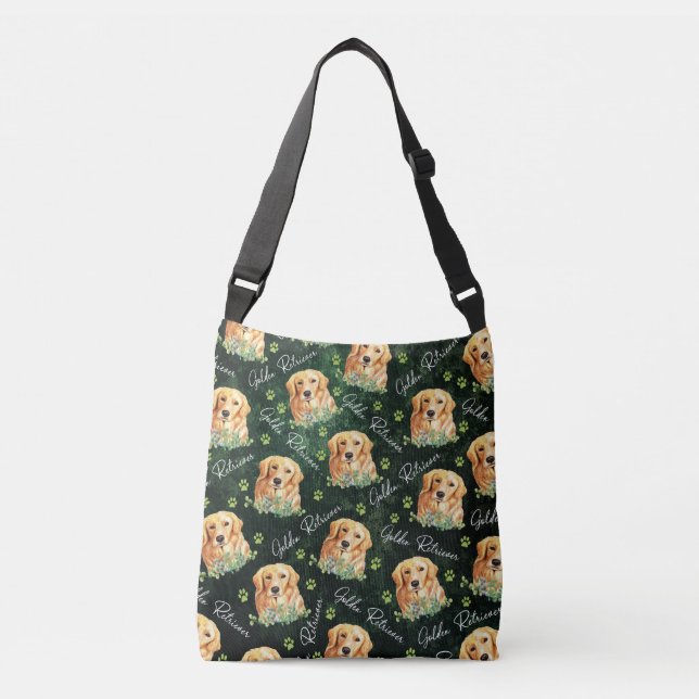 Golden Retriever Dog, Eucalyptus Leaves, Paw Print Crossbody Bag (Front)