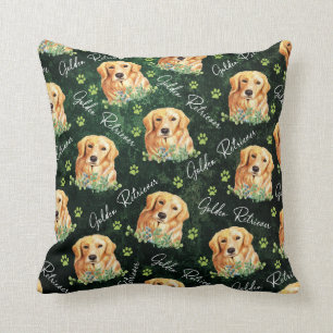 Golden Retriever Dog, Eucalyptus Leaves, Paw Print Cushion