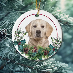 Golden Retriever Dog Evergreen Berry Wreath Ceramic Tree Decoration