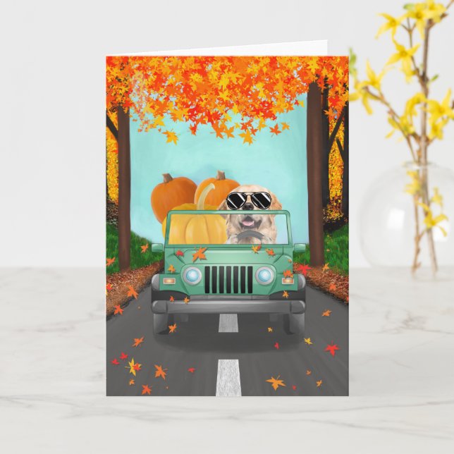 Golden Retriever Dog Fall Pumpkin  Card (Yellow Flower)