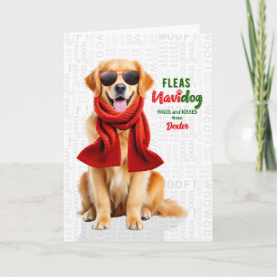 Golden Retriever Dog Funny Fleas Navidog with Name Holiday Card
