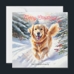 Golden Retriever Dog Goldie In Snow Christmas Holiday Card<br><div class="desc">This elegant Christmas card pictures a golden retriever, enjoying a walk through the snow with a late afternoon sky, red berries and evergreen trees. The illustration is in an attractive watercolor style. At the top is the greeting 'Merry Christmas' in stylish script typography, while the text at the bottom can...</div>