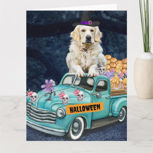 Golden Retriever Dog Halloween Truck Scary Night Card (Front)